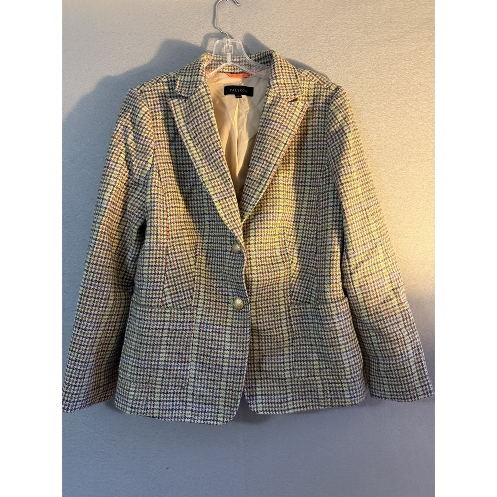 Talbots Blazer Womens 10 Multicolor Houndstooth Wool Blend 2 Button Lined Jacket